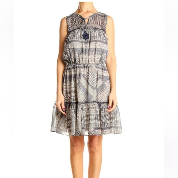 Rebecca Minkoff Nicky dress ruffle bottom sleeveless tassels blue tan print XS - Picture 2 of 13